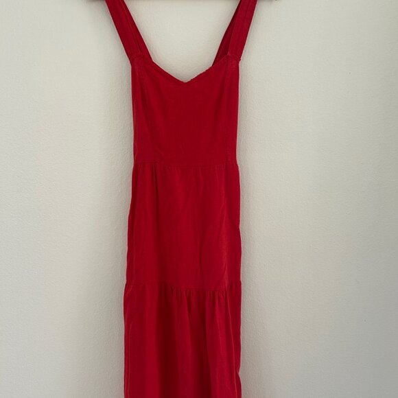 Linen Dress Cross Back Tiered Red Midi Pockets Sweetheart Neck Boho Beach Resort - Picture 4 of 7